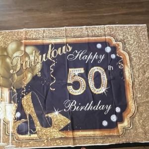 Happy 50th Birthday banner, gold, large, fabric, wall, display.